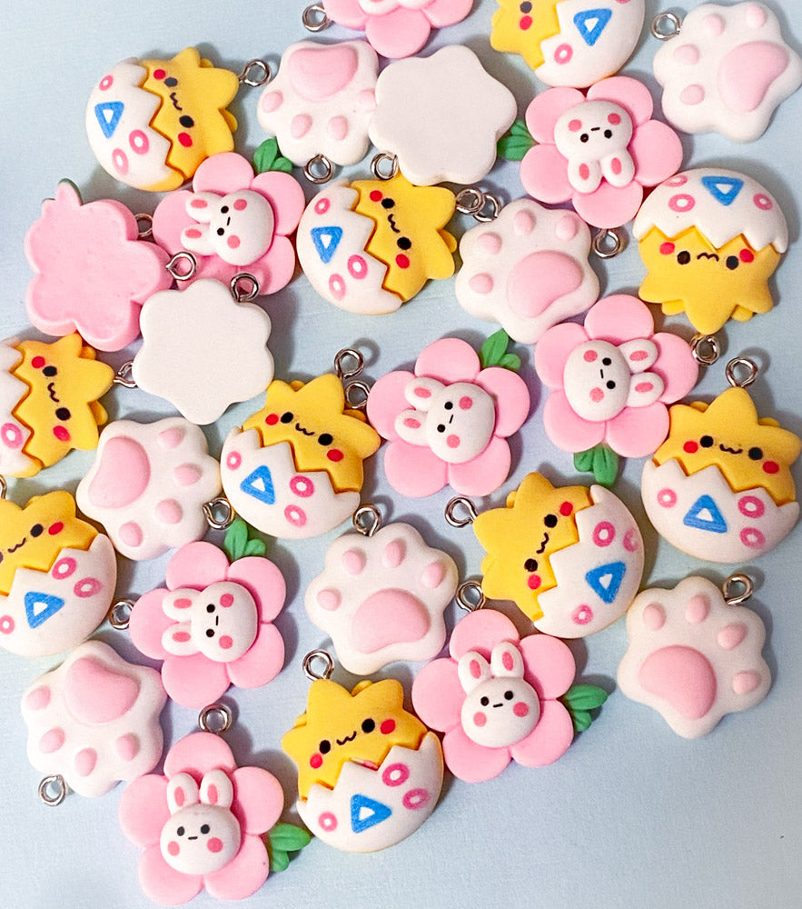 spring cute kawaii resin silver tone hook charm charms yellow pink white rabbit rabbits flower flowers floral chick egg yellow white paw print uk craft supplies