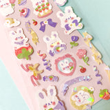 cute white rabbit bunny spring easter holo holographic foil foiled rainbow pink lilac purple flower flowers sticker stickers pack uk kawaii stationery gift gifts rabbits bunnies