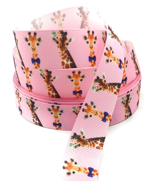 Giraffes on Pink 22mm Grosgrain Ribbon x 2 yards
