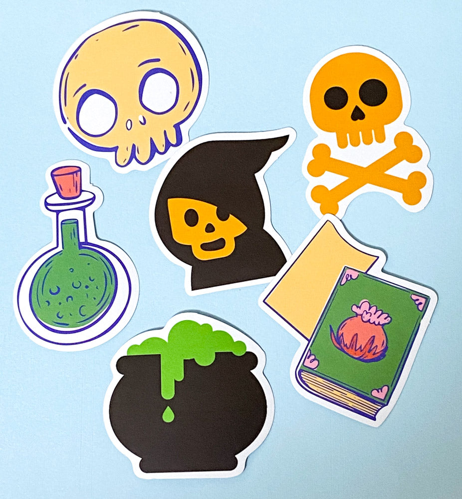 halloween spooky cute kawaii laptop sticker stickers pack packs ghost pumpkin bat bats potion cat cats haunted skull sweets candy cauldron witch dogs sausage beagle uk stationery scroll bone hand star