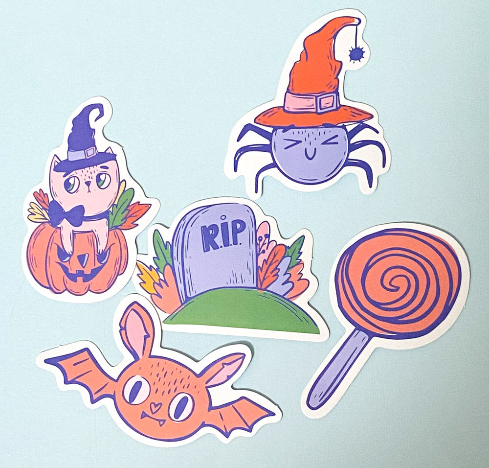 halloween spooky cute kawaii laptop sticker stickers pack packs ghost pumpkin bat bats potion cat cats haunted skull sweets candy cauldron witch dogs sausage beagle uk stationery scroll bone hand star