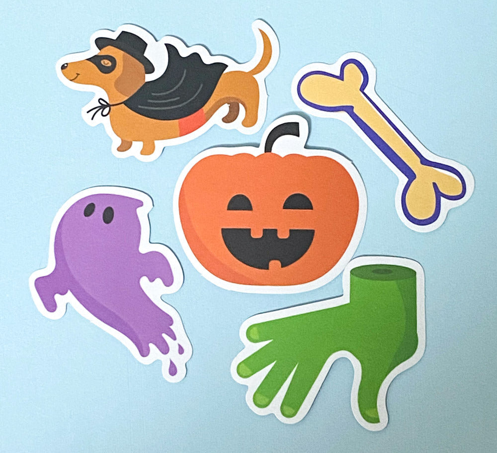 halloween spooky cute kawaii laptop sticker stickers pack packs ghost pumpkin bat bats potion cat cats haunted skull sweets candy cauldron witch dogs sausage beagle uk stationery scroll bone hand star