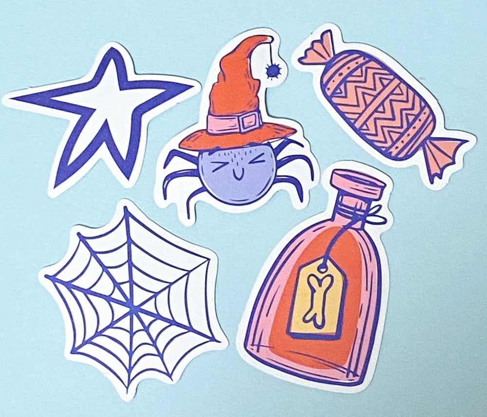 halloween spooky cute kawaii laptop sticker stickers pack packs ghost pumpkin bat bats potion cat cats haunted skull sweets candy cauldron witch dogs sausage beagle uk stationery scroll bone hand star