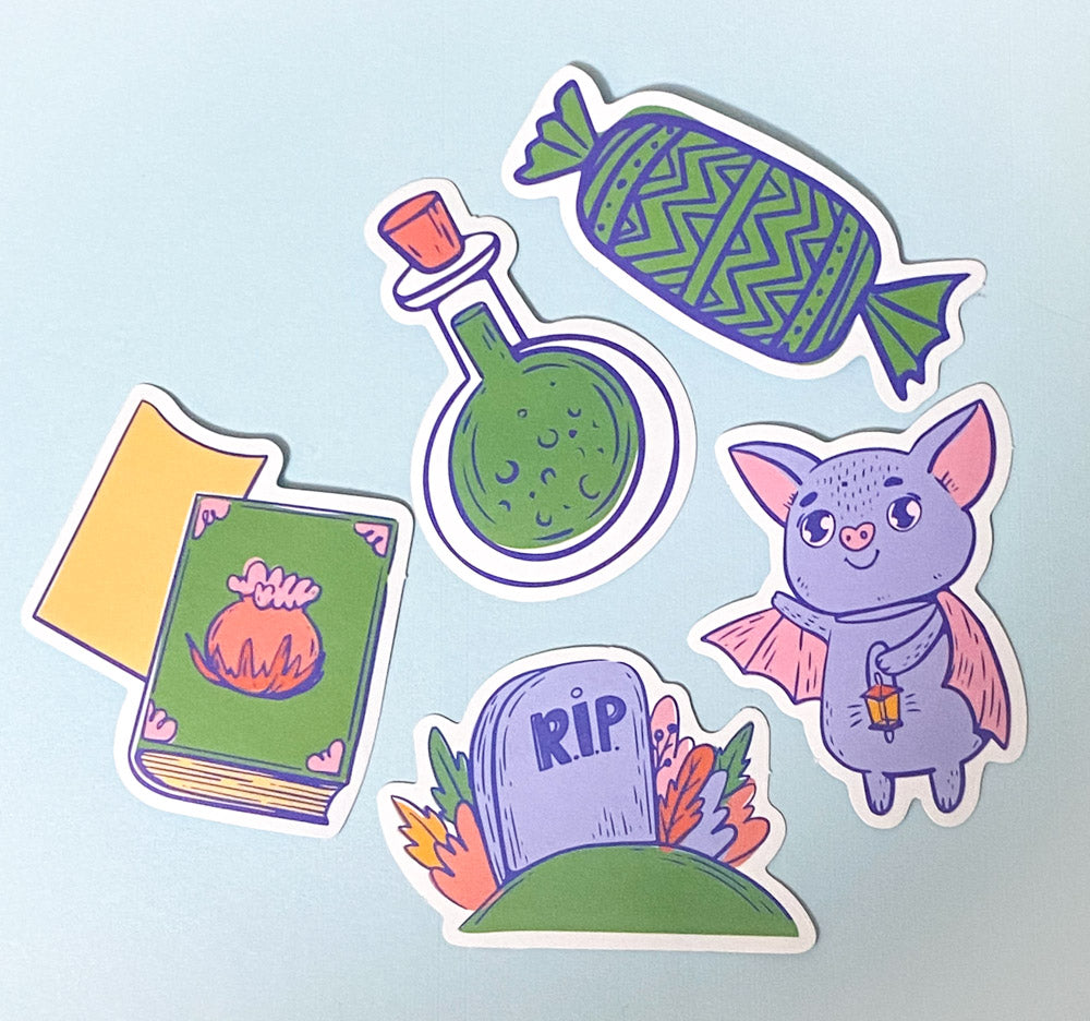 halloween spooky cute kawaii laptop sticker stickers pack packs ghost pumpkin bat bats potion cat cats haunted skull sweets candy cauldron witch dogs sausage beagle uk stationery scroll bone hand star