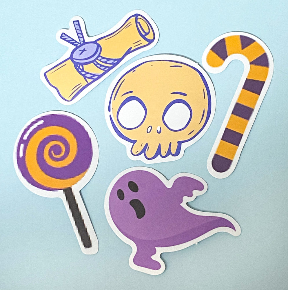 halloween spooky cute kawaii laptop sticker stickers pack packs ghost pumpkin bat bats potion cat cats haunted skull sweets candy cauldron witch dogs sausage beagle uk stationery scroll bone hand star