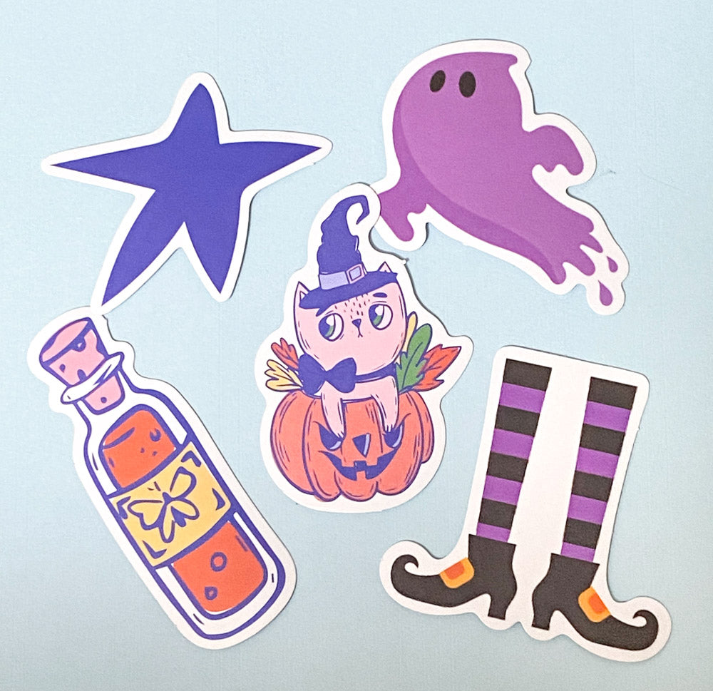 halloween spooky cute kawaii laptop sticker stickers pack packs ghost pumpkin bat bats potion cat cats haunted skull sweets candy cauldron witch dogs sausage beagle uk stationery scroll bone hand star