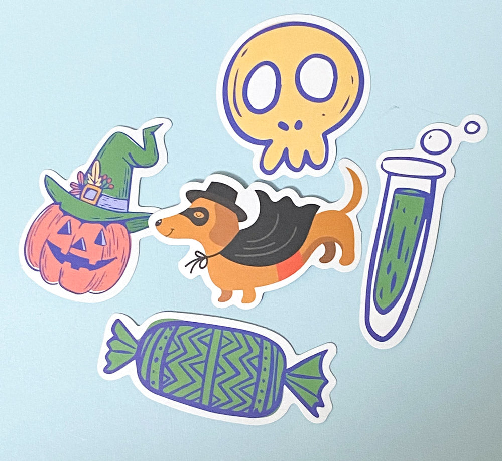 halloween spooky cute kawaii laptop sticker stickers pack packs ghost pumpkin bat bats potion cat cats haunted skull sweets candy cauldron witch dogs sausage beagle uk stationery scroll bone hand star