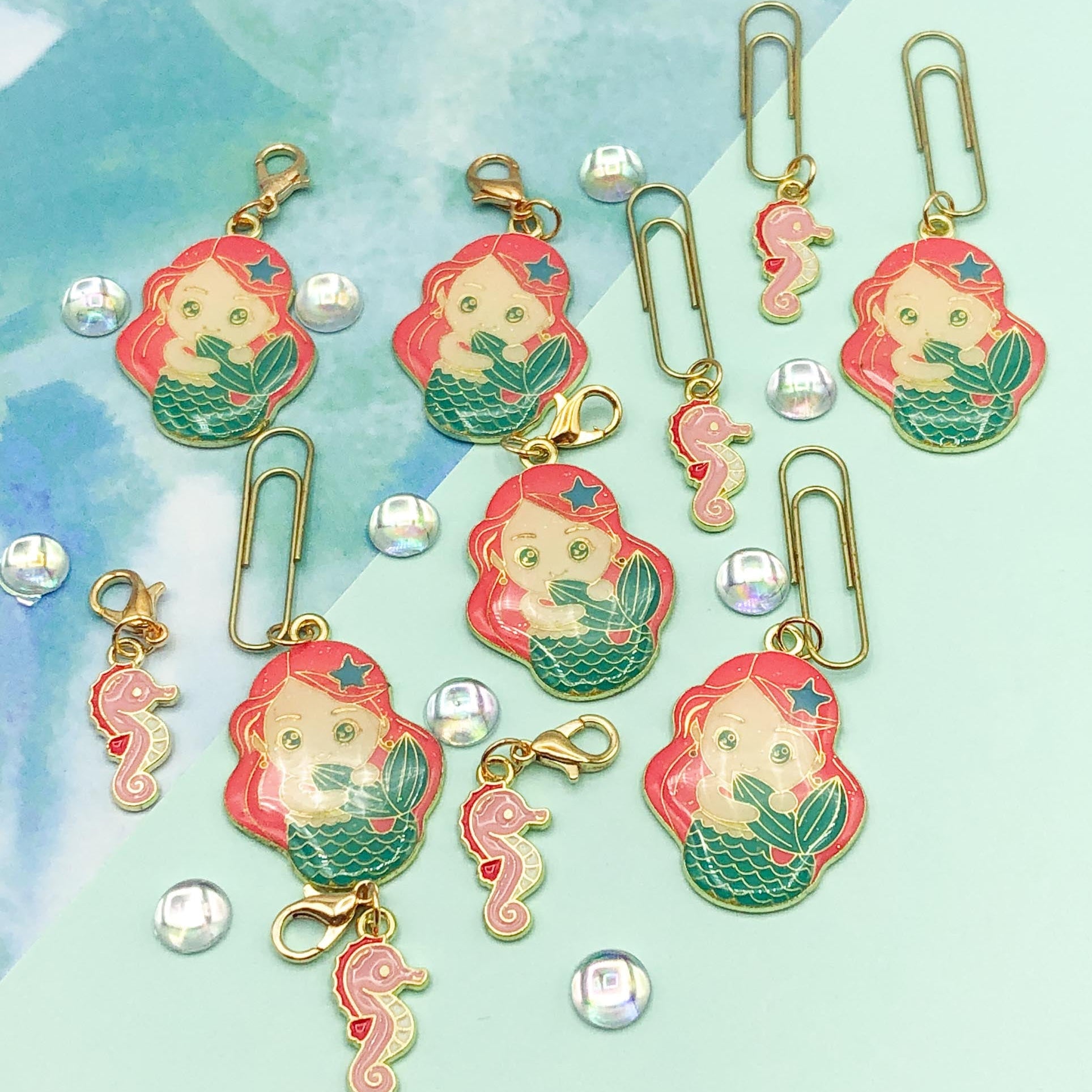 pretty mermaid glitter glittery seahorse pink teal green gold metal enamel planner charm paper clip clips charms uk cute kawaii gift gifts girl girls seahorse seahorses
