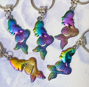 metallic rainbow mermaid mermaids keyring key ring rings pretty colours uk gift gifts purple turquoise blue green yellow pink ombre metal silver tone present