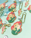 pretty mermaid glitter glittery seahorse pink teal green gold metal enamel planner charm paper clip clips charms uk cute kawaii gift gifts girl girls seahorse seahorses