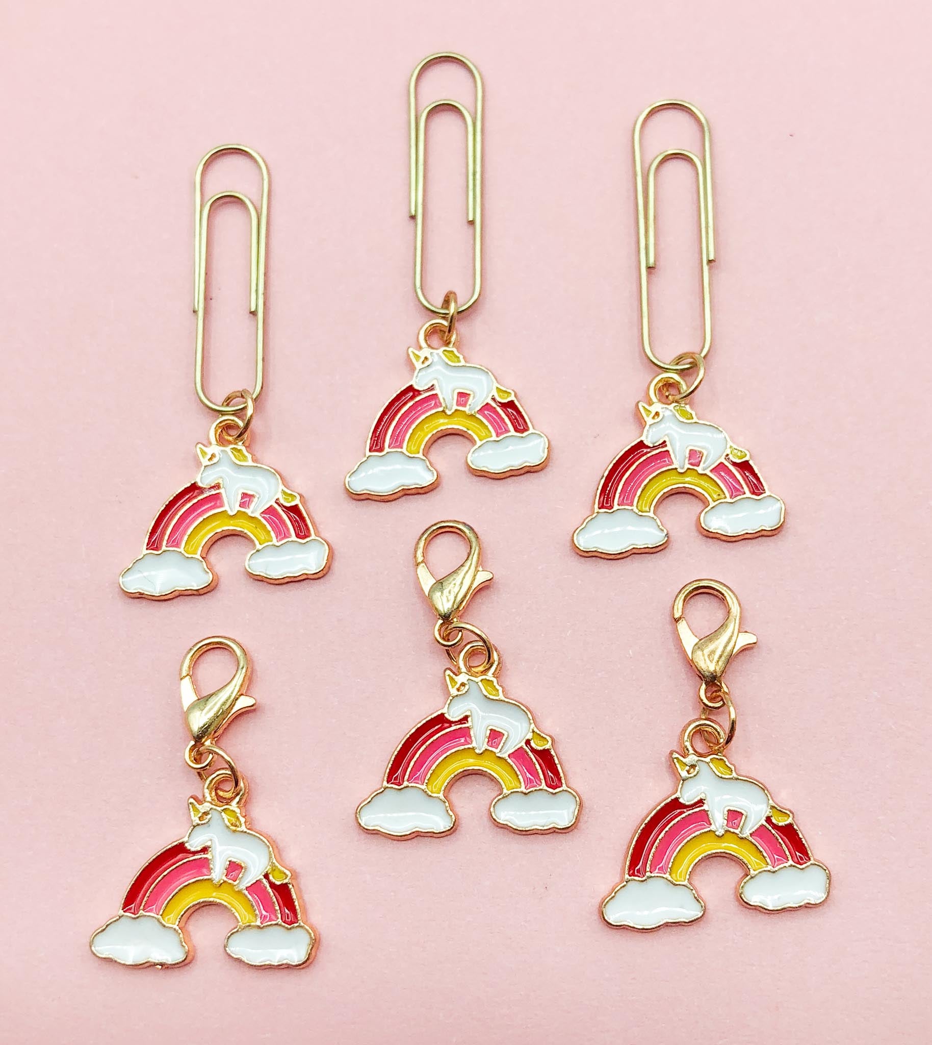 rainbow and unicorn pretty pink yellow planner charm paper clip charms clips gold tone metal enamel cute kawaii uk gift gifts girl kids white clouds cloud handmade hand made
