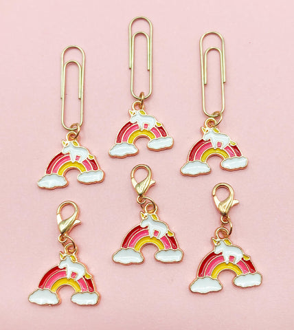 rainbow and unicorn pretty pink yellow planner charm paper clip charms clips gold tone metal enamel cute kawaii uk gift gifts girl kids white clouds cloud handmade hand made