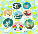 easter sticker round 38mm large stickers cute bunny bunnies rabbit rabbits unicorn eggs egg pink turquoise kawaii cute uk stationery packaging seals