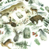 winter snowy forest animals and trees translucent sticker flakes pack of 40 uk pretty cute kawaii stationery grey white brown woodland tree deer foliage magic jar elk fox fir firs trees bear