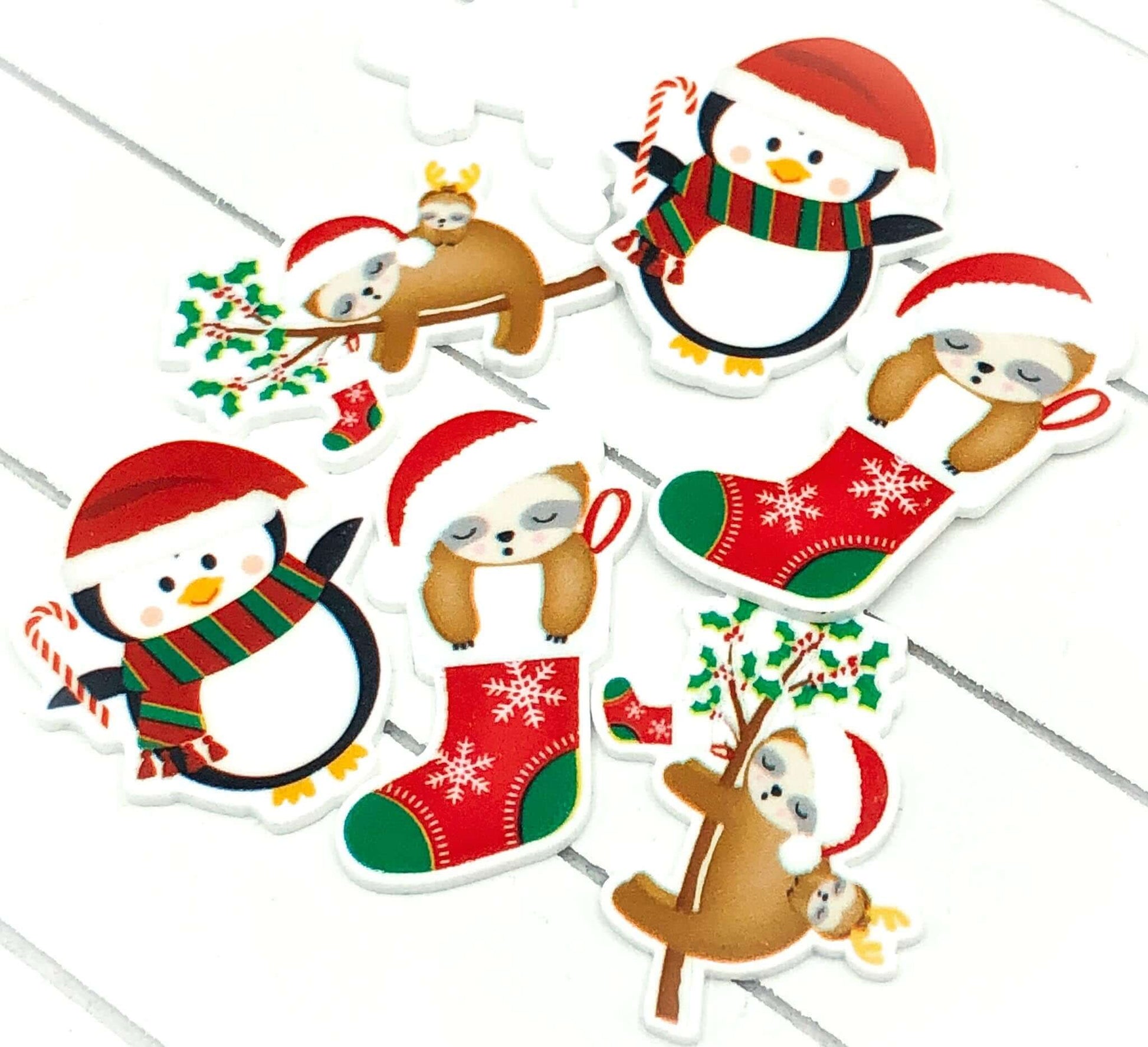 cute penguin or sloth festive christmas acrylic fb flatback flat back backs fbs candy cane stocking holly sloths penguins uk crafts