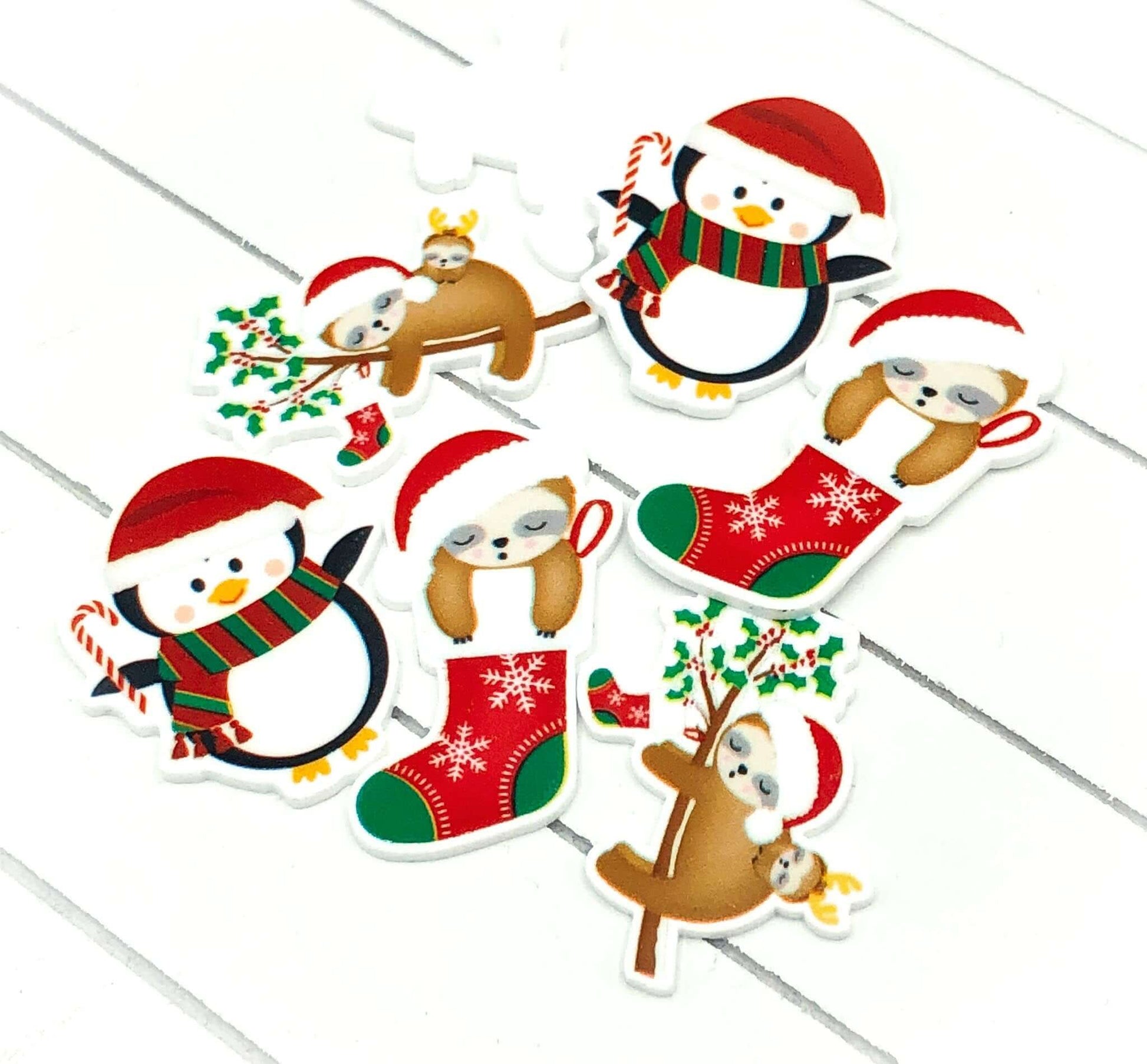 cute penguin or sloth festive christmas acrylic fb flatback flat back backs fbs candy cane stocking holly sloths penguins uk crafts