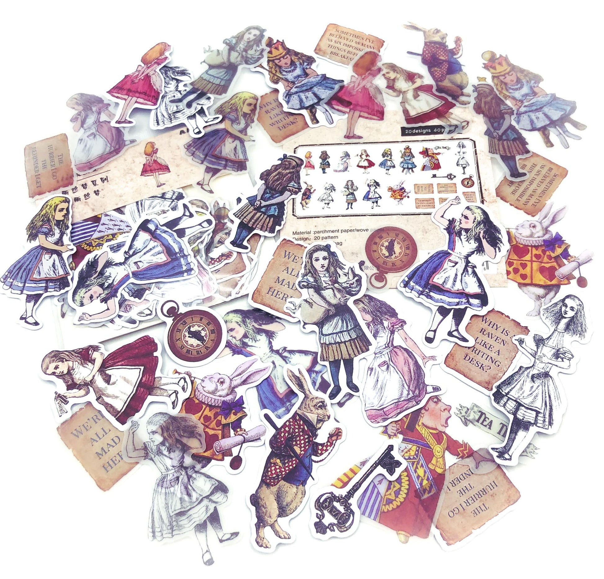 alice in wonderland vintage style retro traditional illustration sticker stickers flake flakes pack uk cute kawaii stationery pack 40 large die cut