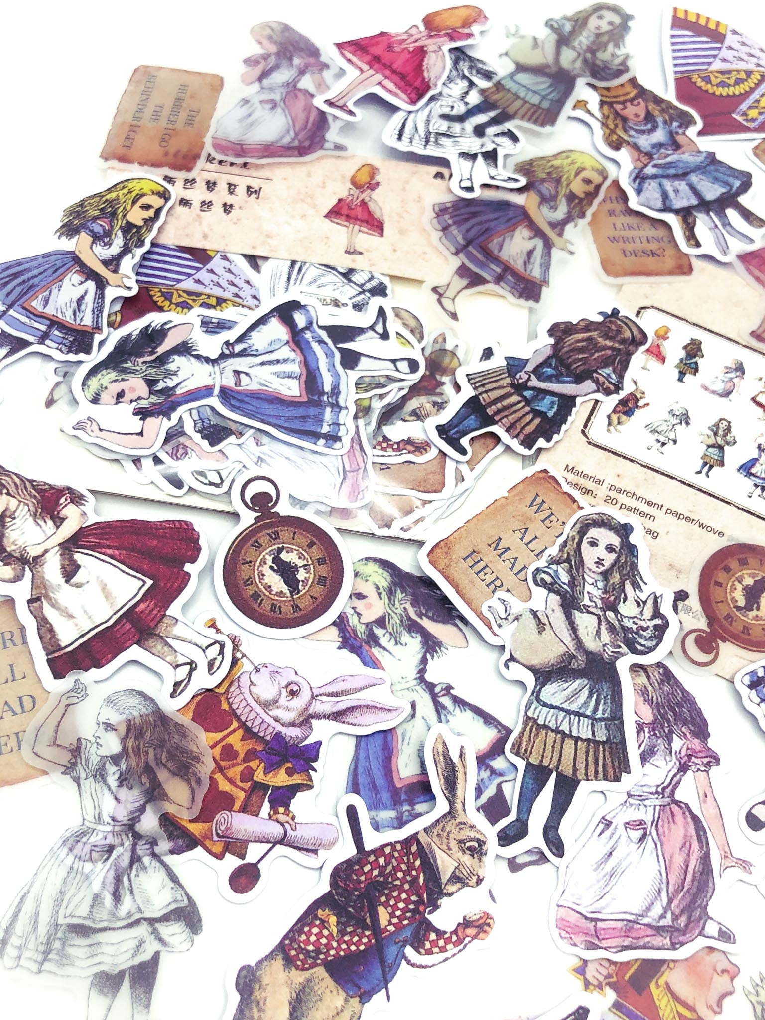 alice in wonderland vintage style retro traditional illustration sticker stickers flake flakes pack uk cute kawaii stationery pack 40 large die cut