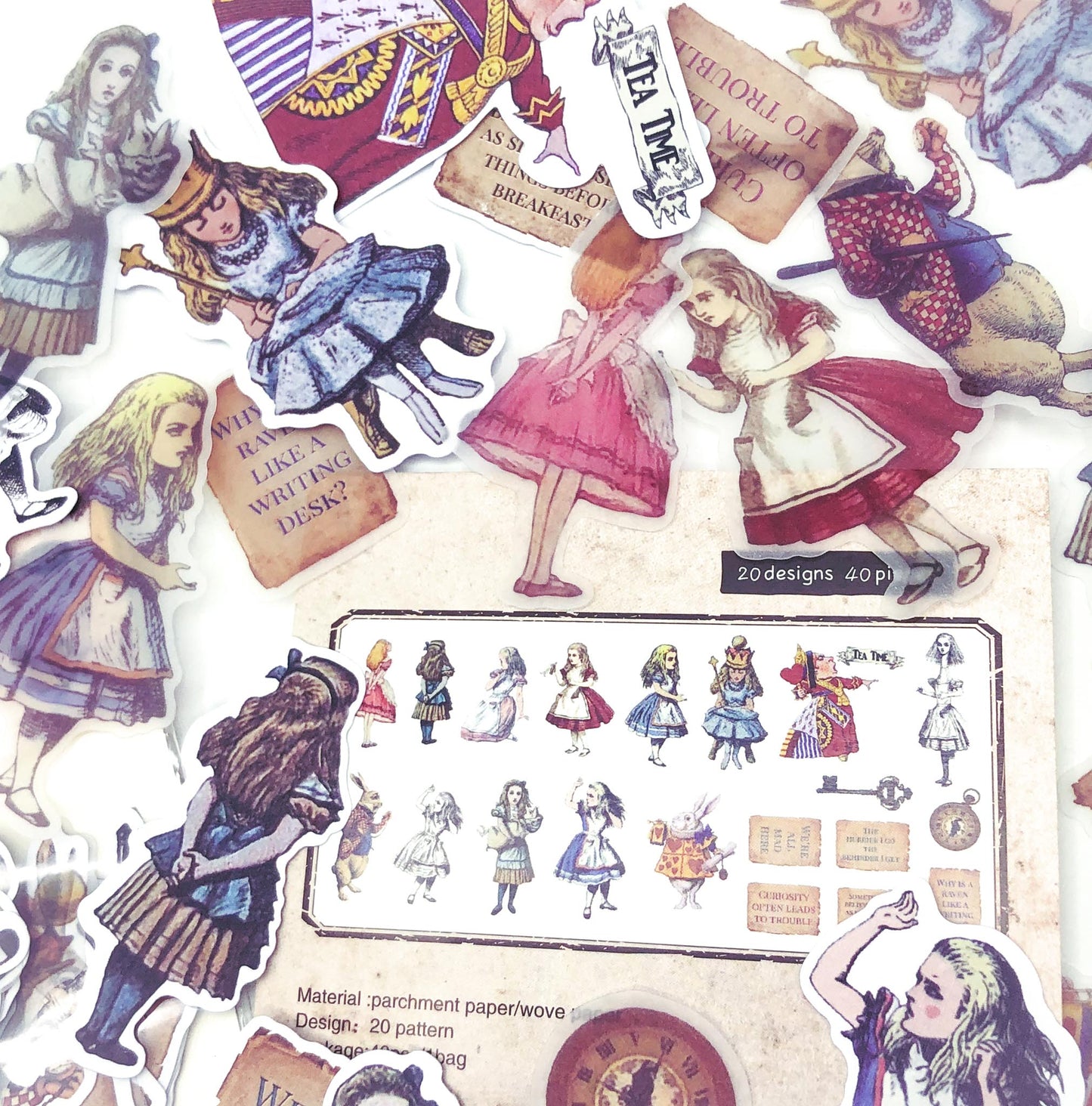 alice in wonderland vintage style retro traditional illustration sticker stickers flake flakes pack uk cute kawaii stationery pack 40 large die cut