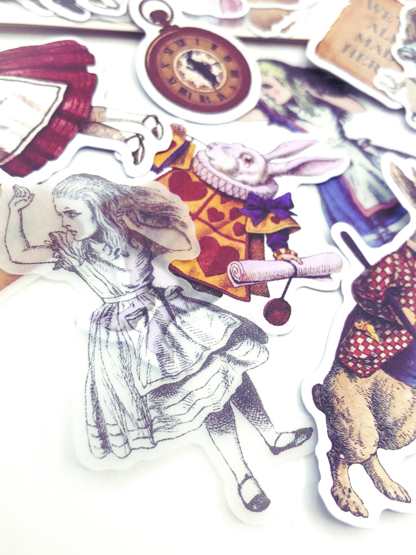 alice in wonderland vintage style retro traditional illustration sticker stickers flake flakes pack uk cute kawaii stationery pack 40 large die cut