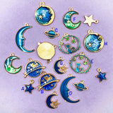 galaxy enamel enamelled cat moon star planet stars gold tone charms cats cute uk craft supplies blue green space