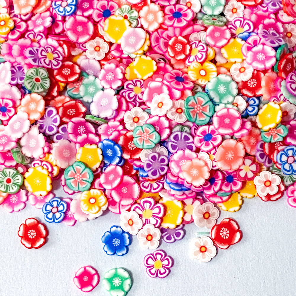 small mini flower flowers floral polymer clay sprinkle sprinkles thin nail art deco decoden spring colourful pink lilac uk craft supplies bag bundle colourful slice slices