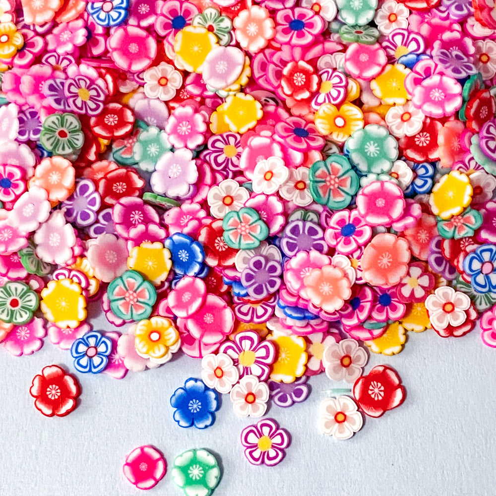 small mini flower flowers floral polymer clay sprinkle sprinkles thin nail art deco decoden spring colourful pink lilac uk craft supplies bag bundle colourful slice slices