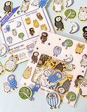 night owl glossy mini sticker stickers pack of 70 small set bird birds cute kawaii uk stationery moon tree woodland baby kraft paper funny nature owls