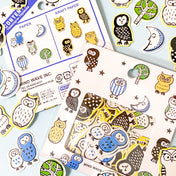 night owl glossy mini sticker stickers pack of 70 small set bird birds cute kawaii uk stationery moon tree woodland baby kraft paper funny nature owls