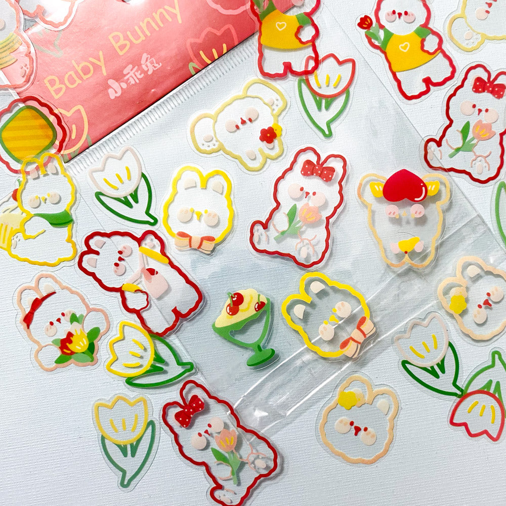 spring baby bunny bunnies flower flowers floral clear plastic pet sticker stickers flake flakes pack of 45 mini set uk cute kawaii stationery