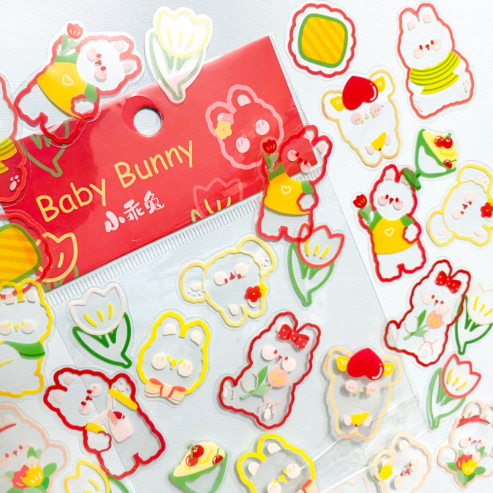 spring baby bunny bunnies flower flowers floral clear plastic pet sticker stickers flake flakes pack of 45 mini set uk cute kawaii stationery