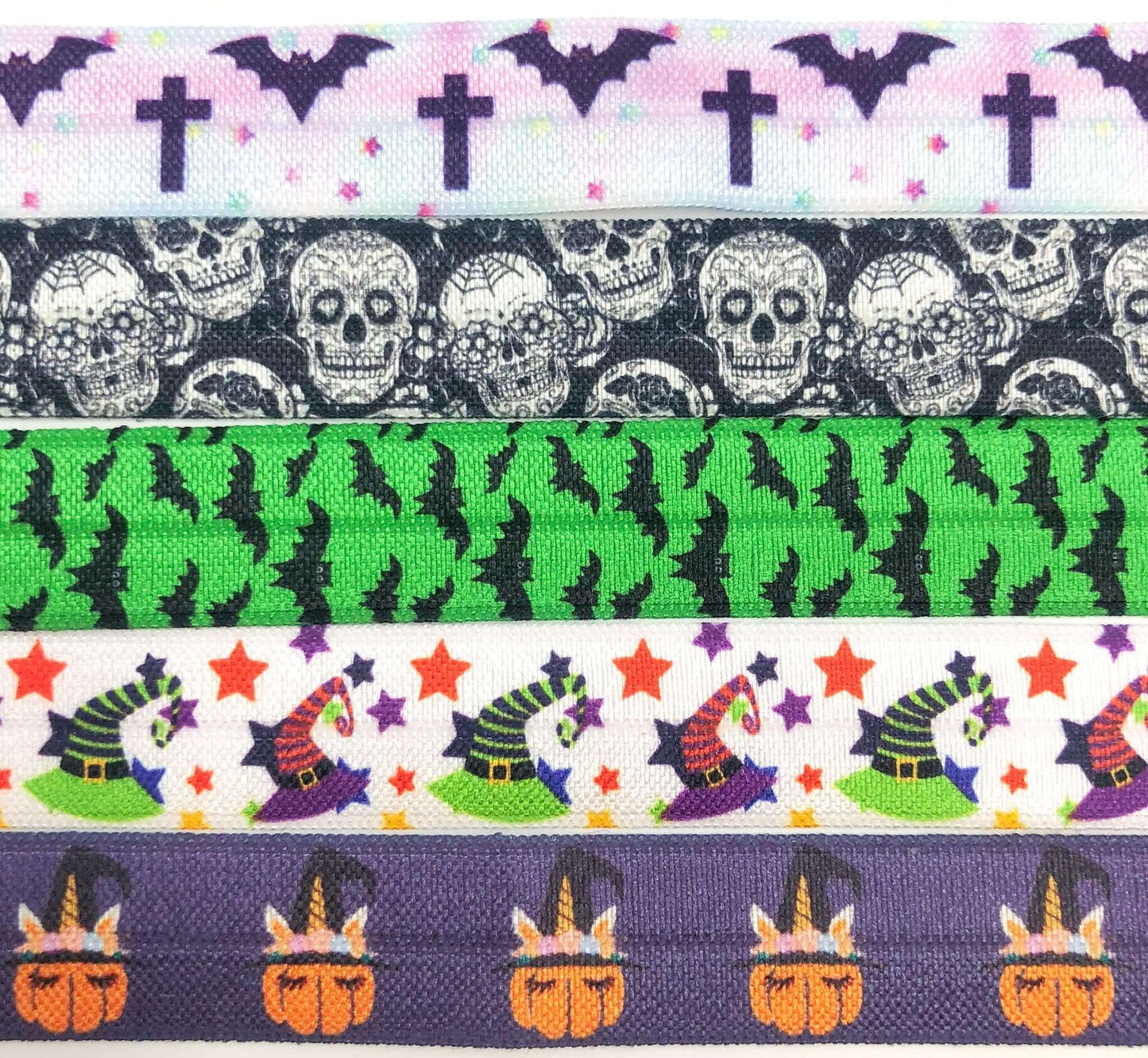 halloween spooky elastic ribbon elastics fold over ribbons stretch foe green black grey ombre witch witches hat hats skull skulls bat bats cross pumpkin unicorn stars uk cute kawaii craft supplies
