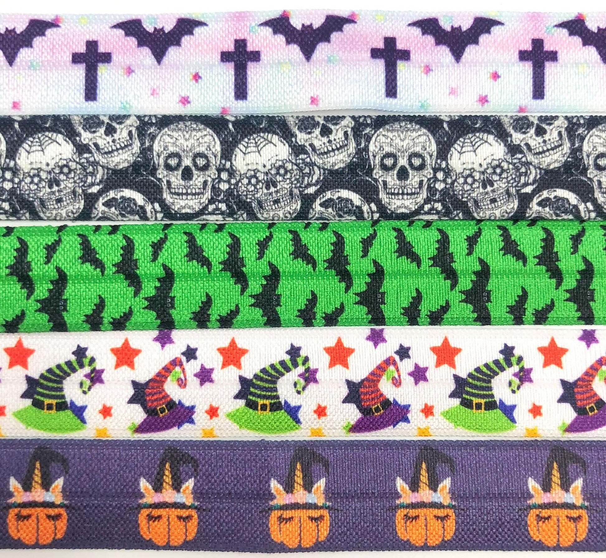 halloween spooky elastic ribbon elastics fold over ribbons stretch foe green black grey ombre witch witches hat hats skull skulls bat bats cross pumpkin unicorn stars uk cute kawaii craft supplies