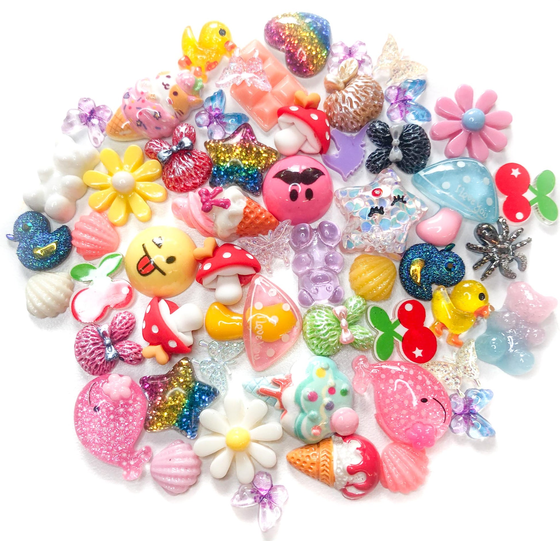 resin acrylic bundle bundles small flatback flat back fb fbs embellishment uk cute kawaii craft supplies bargain set pastel animal pink animals pretty butterfly dog cat duck cabochon rabbit crab frog