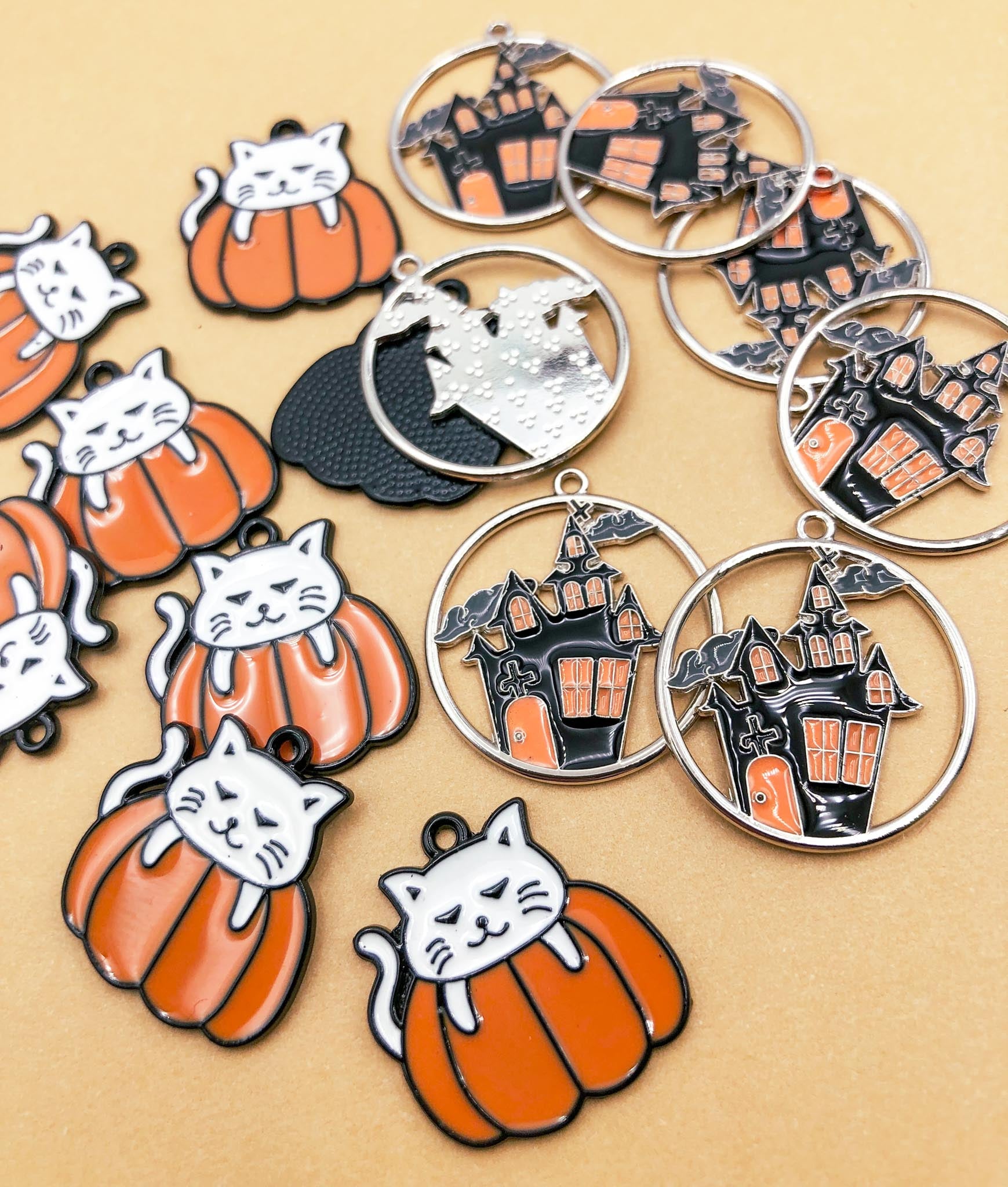 pumpkin cat orange and black haunted house silver tone black metal charm charms uk cute kawaii craft supplies enamel enamelled spooky halloween cats white cat black orange