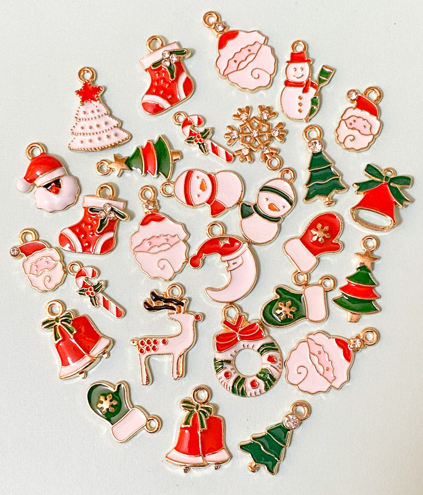 christmas enamel gold tone metal charm charms uk cute kawaii craft supplies festive father santa cat hat stocking tree snowman rudolph reindeer wreath moon candy cane bells rhinestone