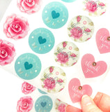 large rose floral flowers heart hearts thank you stickers sheet packaging supplies uk pink turquoise thankyou sticker big roses pink