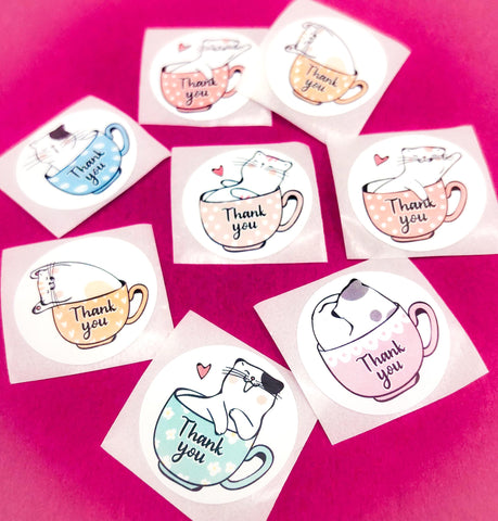 cute cat cats teacup tea cup cups thank you thankyou sticker stickers 25mm round packing packaging supplies kawaii uk kitty