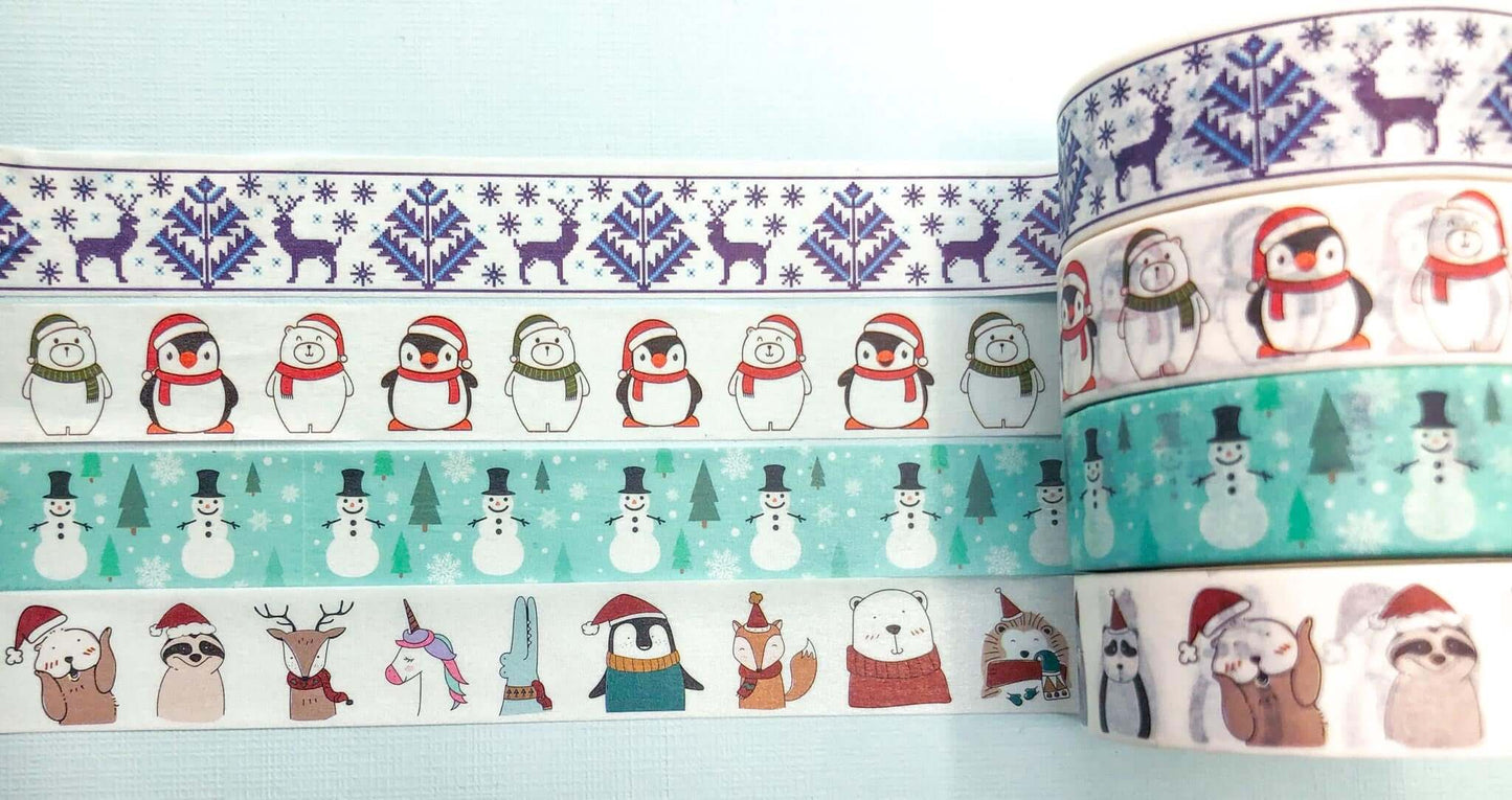cute kawaii christmas festive washi tape tpaes roll 10m long penguin penguins snowmen snowman hats polar bear bears animals woodland fox rabbit badger hedgehog uk stationery scandi blue turquoise red