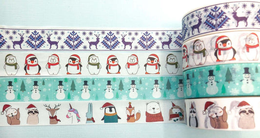 cute kawaii christmas festive washi tape tpaes roll 10m long penguin penguins snowmen snowman hats polar bear bears animals woodland fox rabbit badger hedgehog uk stationery scandi blue turquoise red