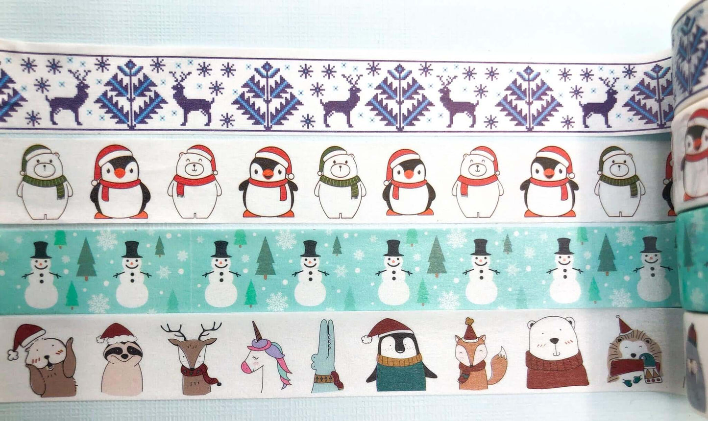 cute kawaii christmas festive washi tape tpaes roll 10m long penguin penguins snowmen snowman hats polar bear bears animals woodland fox rabbit badger hedgehog uk stationery scandi blue turquoise red