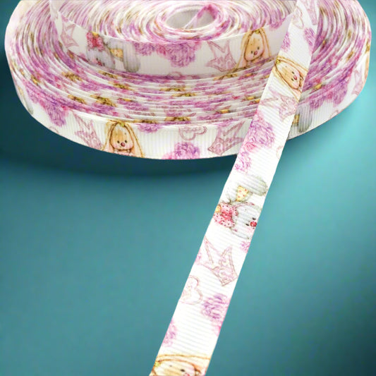 NARROW PINK BUNNY & CROWNS 10mm Grosgrain Ribbon x 3 yards
