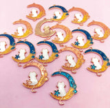 cat in the moon gold tone metal enamel enamelled charm charms pretty white cats crescent moons uk kawaii craft supplies teal rose pink flower