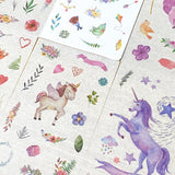 uk kawaii cute unicorn sticker stickers washi sheet translucent die cut pretty fairytale pack of 6 sheets pink lilac purple heart hearts flower floral leaf leaves magic stationery unicorns