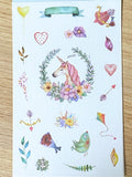 uk kawaii cute unicorn sticker stickers washi sheet translucent die cut pretty fairytale pack of 6 sheets pink lilac purple heart hearts flower floral leaf leaves magic stationery unicorns