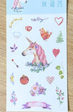 uk kawaii cute unicorn sticker stickers washi sheet translucent die cut pretty fairytale pack of 6 sheets pink lilac purple heart hearts flower floral leaf leaves magic stationery unicorns