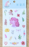 uk kawaii cute unicorn sticker stickers washi sheet translucent die cut pretty fairytale pack of 6 sheets pink lilac purple heart hearts flower floral leaf leaves magic stationery unicorns
