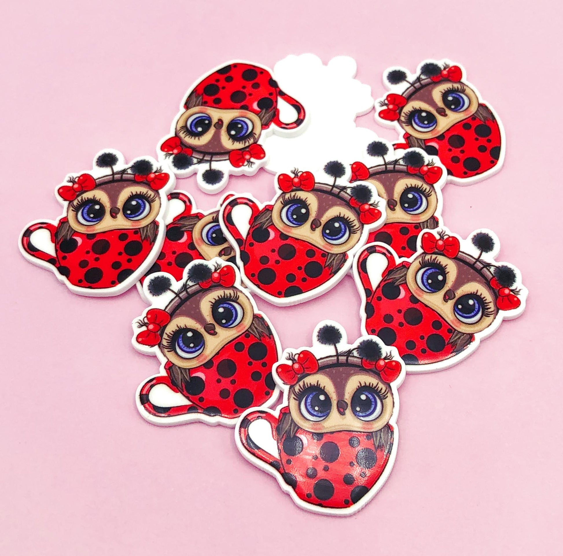 owl dressed up as a red and black ladybird lady bird ladybirds planar resin acrylic fb flat back flatback resins fbs uk cute kawaii craft supplies crafts