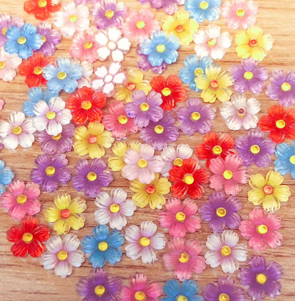 sparkly 9mm small flower flowers glittery little floral embellishments flatbacks acrylic decoden uk cute kawaii craft supplies colourful centres