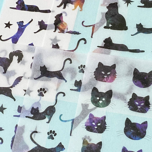 black cat cats ombre galaxy colours cat silhouette stickers sticker sheet sheets face faces witch star stars paw paws washi paper translucent uk cute kawaii stationery kitty kitten